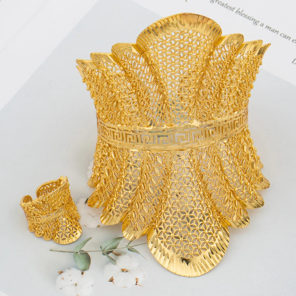 Dubai Cuff Bangle Women Arab 18K Gold Plated Bracelet Ring Luxury Large Round  Jewelry Copper Wedding Ethiopia Bridal Gifts Vera Lux