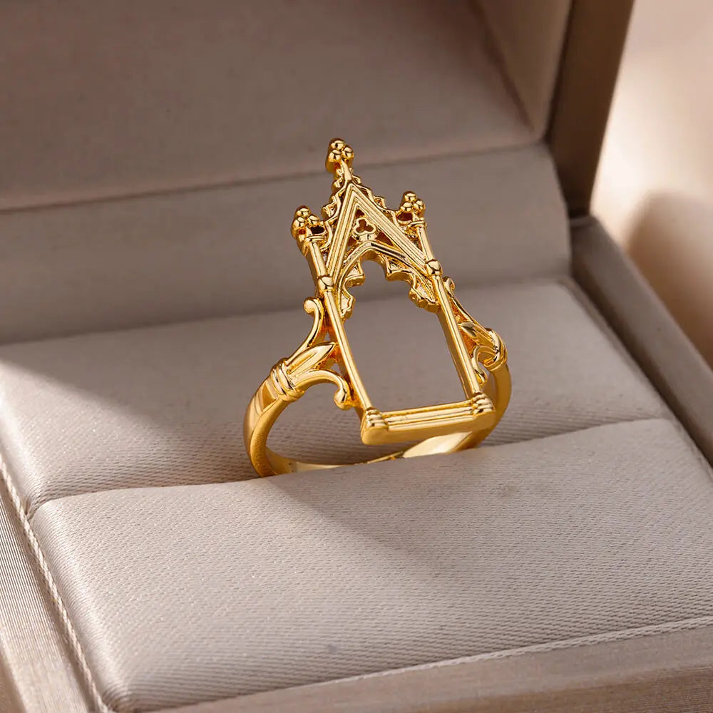 Stainless Steel Magic Mirror Rings For Women Gold Plated Aesthetic Wedding Ring Castle Flower Leaf Design Lighjt Luxury Jewelry Vera Lux