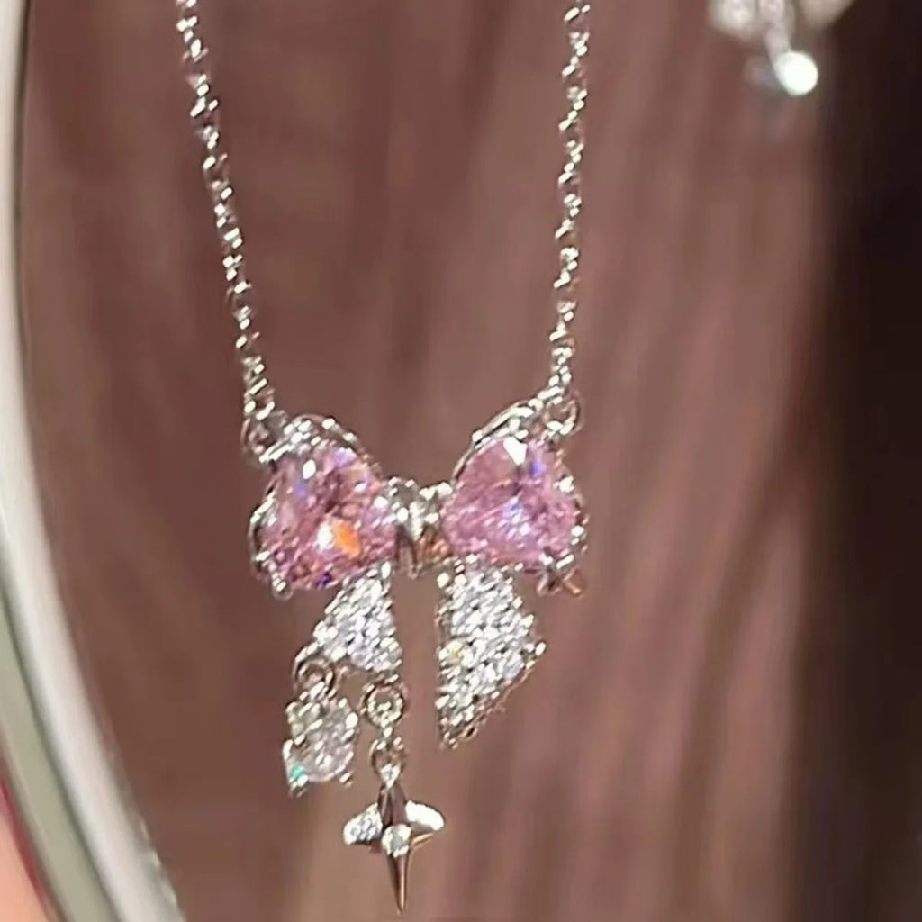 Sweet Pink Bow Necklace Ladies Fashion Sparkling Rhinestone Star Shape Pendant Clavicle Chain Delicate Wedding Accesories Vera Lux