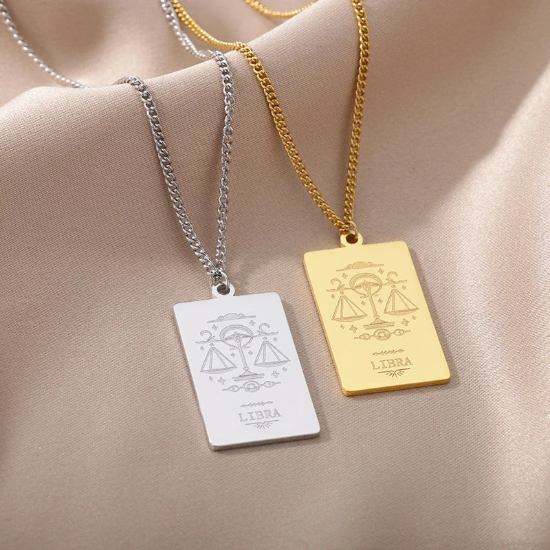Stainless Steel Zodiac Sign Necklace For Women Vintage Constellation Libra Pendant Chain Collar Aesthetic 2024 New Trend Jewelry Vera Lux