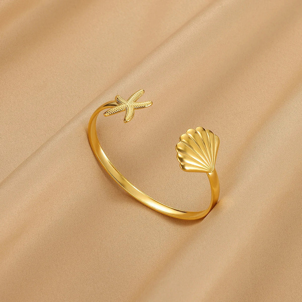 Summer Waterproof Cuff Bangles Bracelet For Women Cute Flower Double Layer Open Stainless Steel Gold Color Star Shell Jewelry Vera Lux