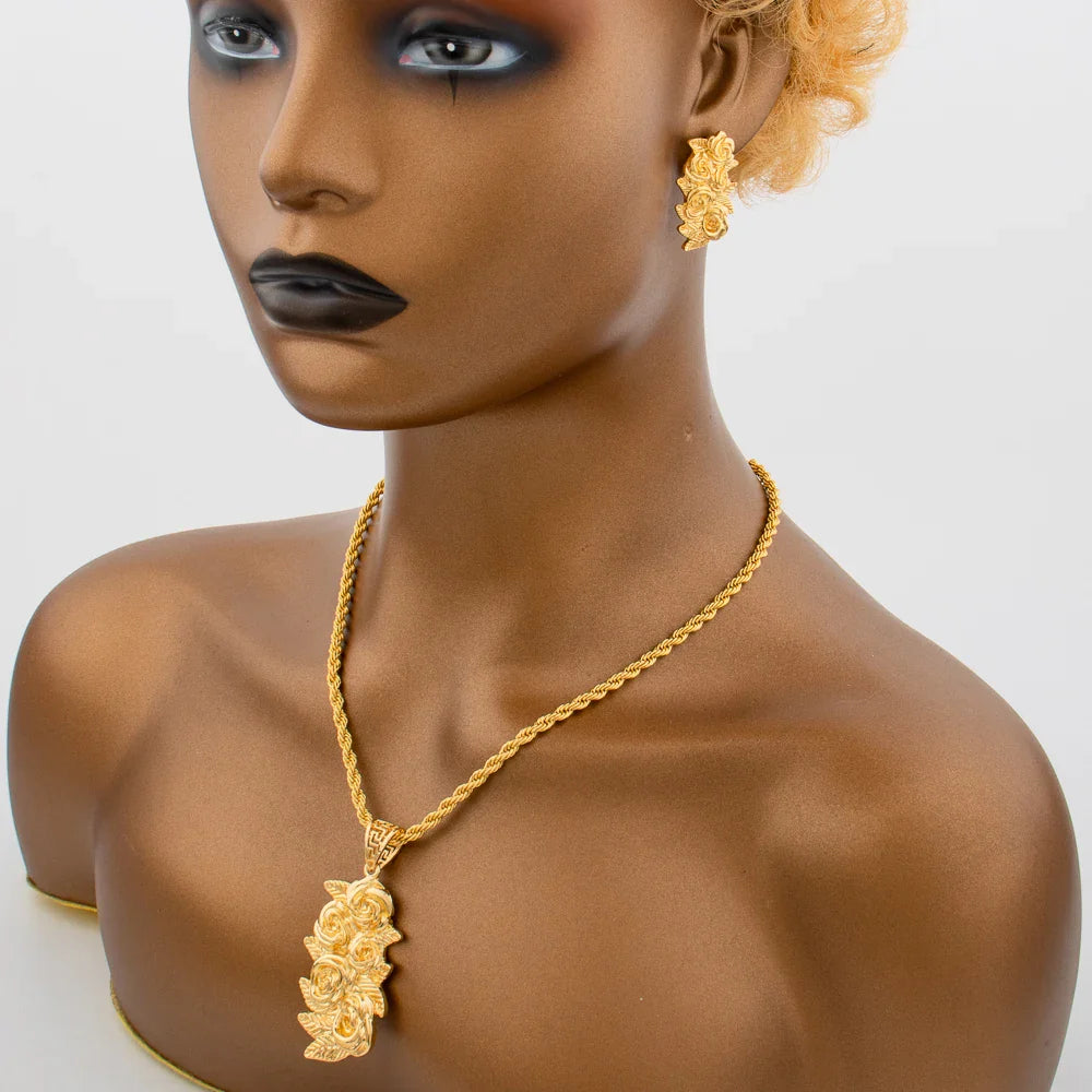 New Arrivals Gold Color Jewelry Sets For Women Fashion Earrings Necklace Italy Bangle Ring Flower Pendant Bride Wedding Party Vera Lux