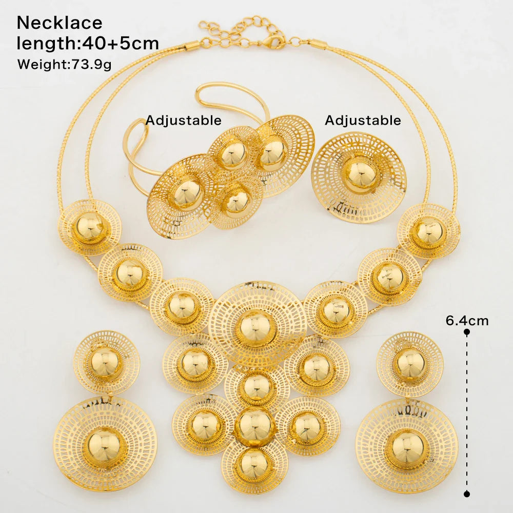 Big Woman Jewelry Set Dubai Gold Plated Earrings Necklace Copper Multiple Small Circle Design Flower Bride Bangle Rings Gift Vera Lux