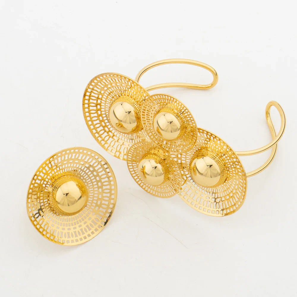 Big Woman Jewelry Set Dubai Gold Plated Earrings Necklace Copper Multiple Small Circle Design Flower Bride Bangle Rings Gift Vera Lux