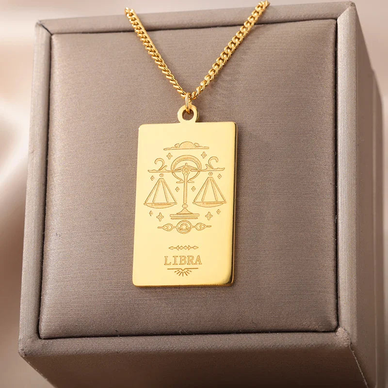 Stainless Steel Zodiac Sign Necklace For Women Vintage Constellation Libra Pendant Chain Collar Aesthetic 2024 New Trend Jewelry Vera Lux