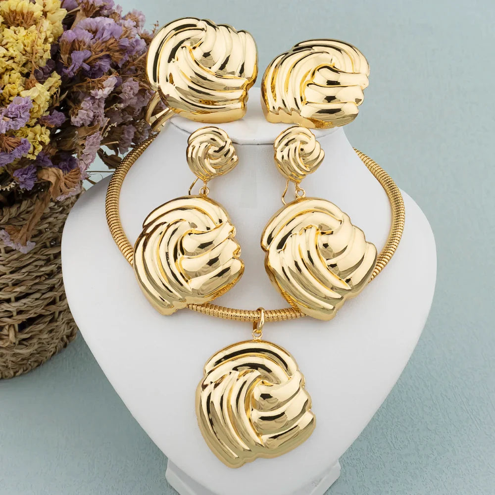 Luxury Female Jewelry Set Gold Color Necklace Big Circle Earrings Bangle Ring for Fashion Women Dubai African Party Jewelry Vera Lux