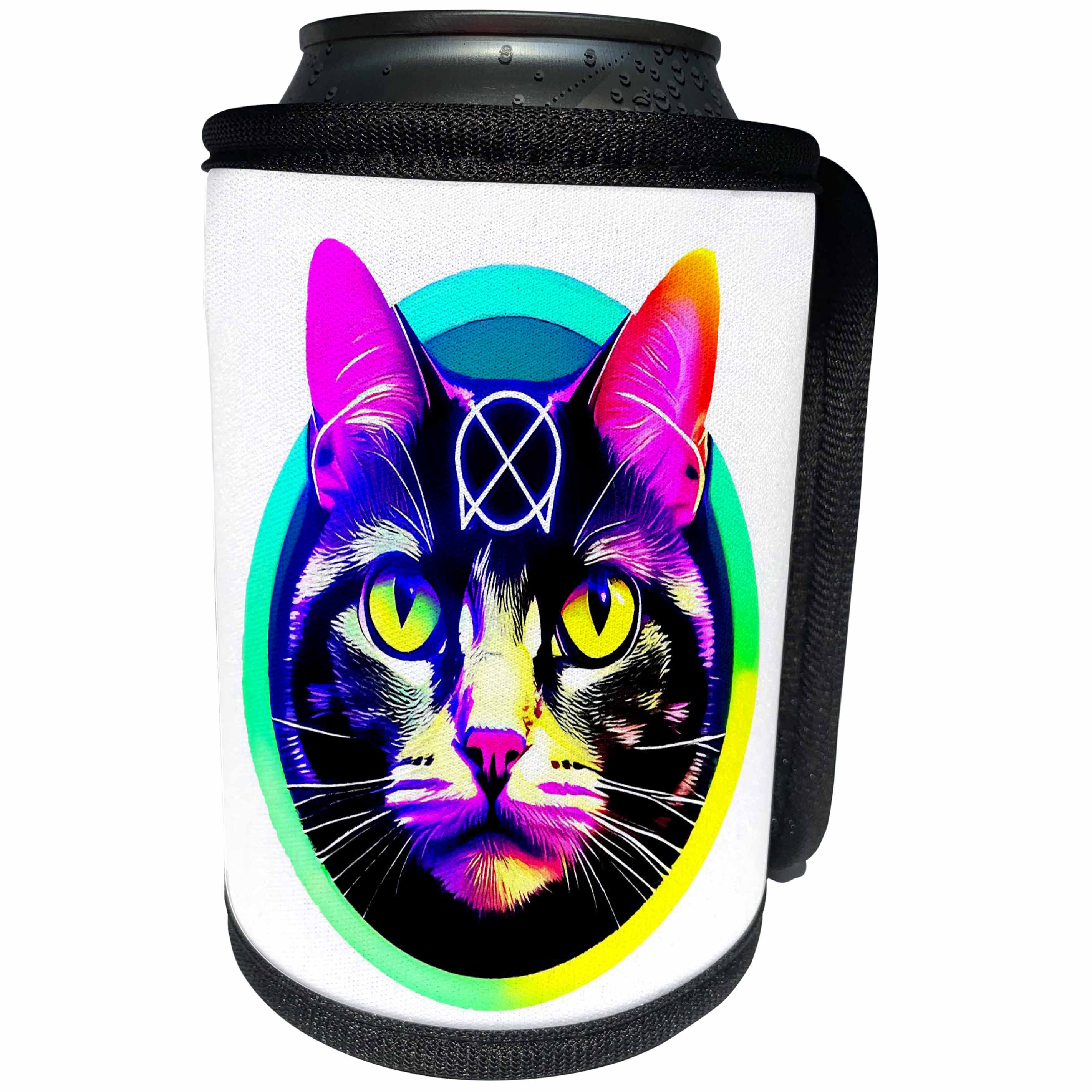3dRose Cool portrait of a magical cat with a mystical sign on... - Can Cooler Bottle Wrap (cc-379300) 3dRose