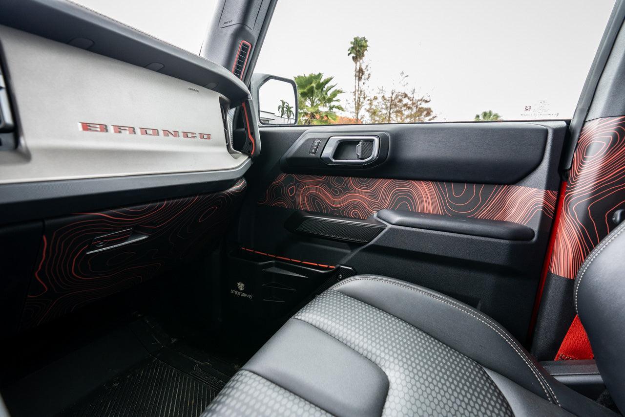 Topo Front Interior Upper Door Card Insert Overlays (Printed Series) - 2021+ Bronco 4 Door StickerFab