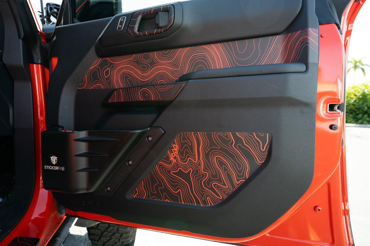 Topo Front Interior Upper Door Card Insert Overlays (Printed Series) - 2021+ Bronco 4 Door StickerFab