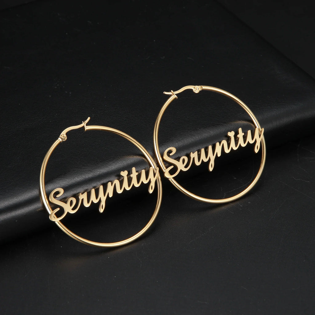 Sipuris Stainless Steel Personalized Customize Name Hoop Earrings Jewelry For Women Girls Circle Earring Fashion 30-60 MM Vera Lux