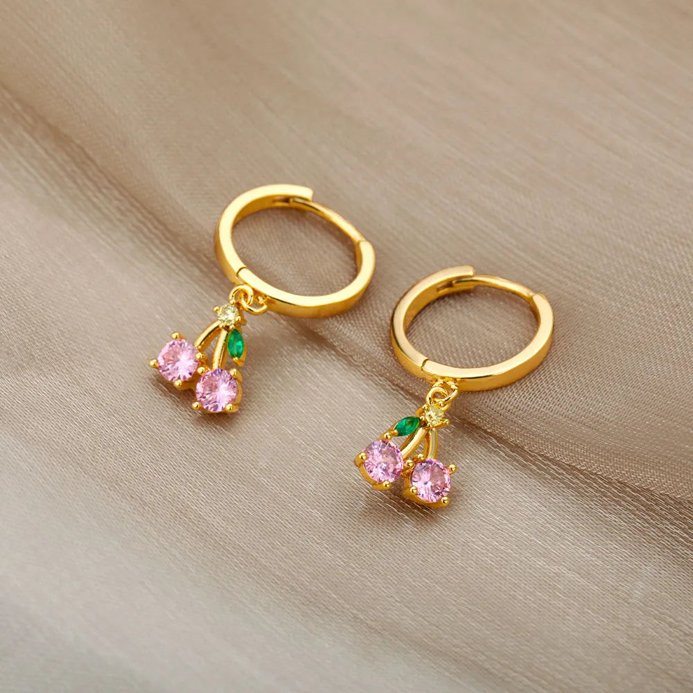 Crystal Fruit Cherry Drop Earrings For Women Stainless Steel Pink Cherry Earring Femme Fairy Fashion Boho Jewerly Gift 2023 Vera Lux