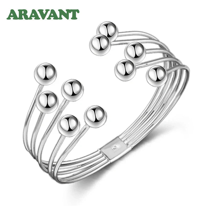 Aravant 925 Silver Multi Line Bead Open Bracelet Bangles For Women Wedding Jewelry Gifts Vera Lux