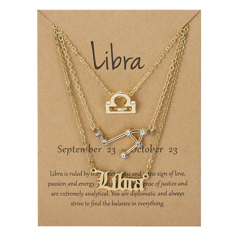 3Pcs/set 12 Zodiac Sign Necklace For Women 12 Constellation Pendant Chain Choker Birthday Jewelry With Cardboard Card Vera Lux