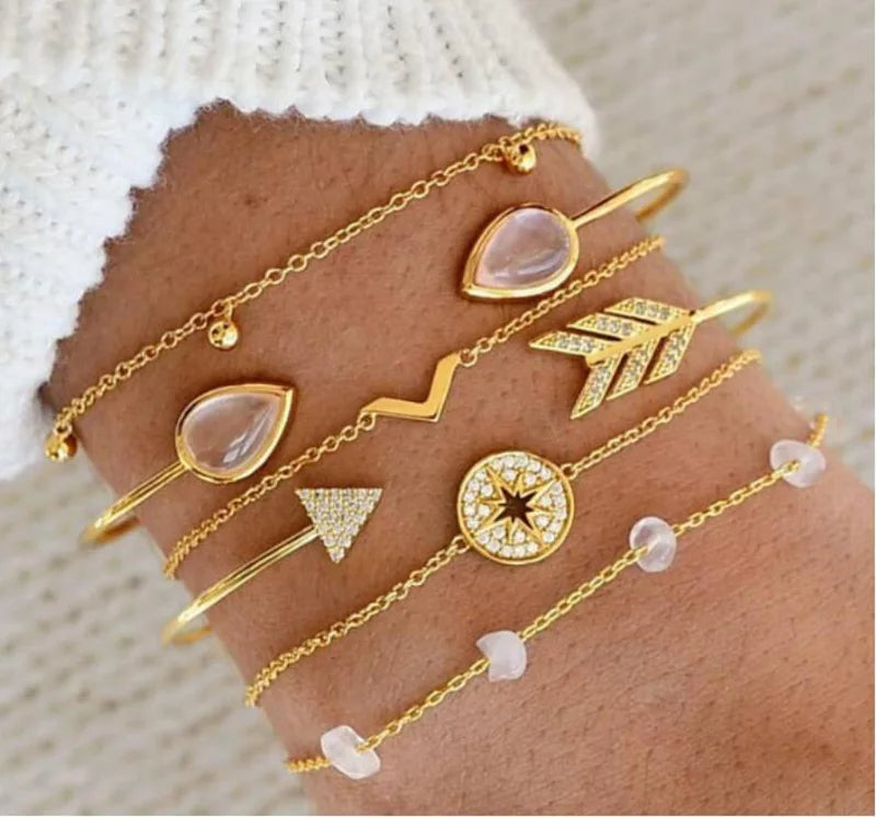 4pcs/Set Bohemian Stone beads chains bracelets Set For Women Metal Heart Round Tassel charm Bangle Fashion Jewelry Vera Lux