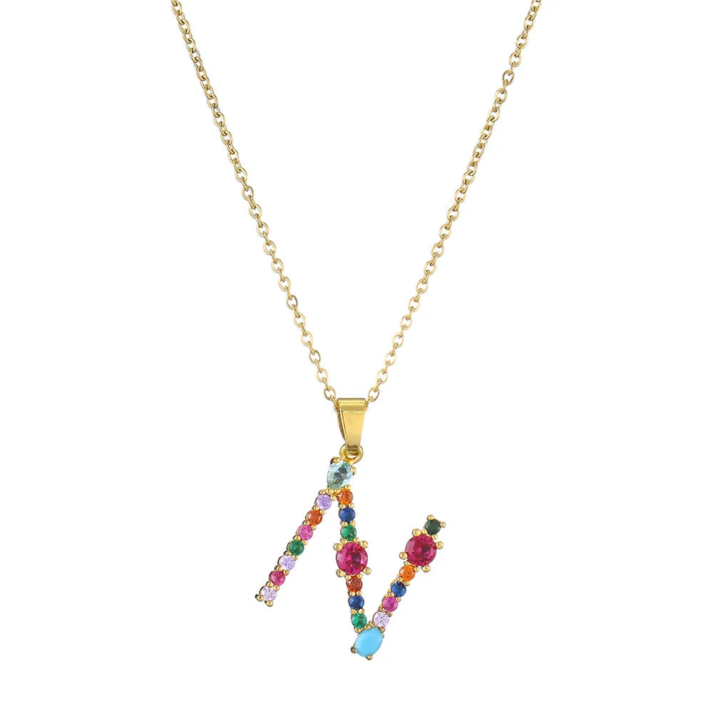 2024 New Hot Colourful Crystal AAA CZ 26 Capital Letters Pendant Necklace For Women Girl Gold Color Copper Initial Name Jewelry Vera Lux