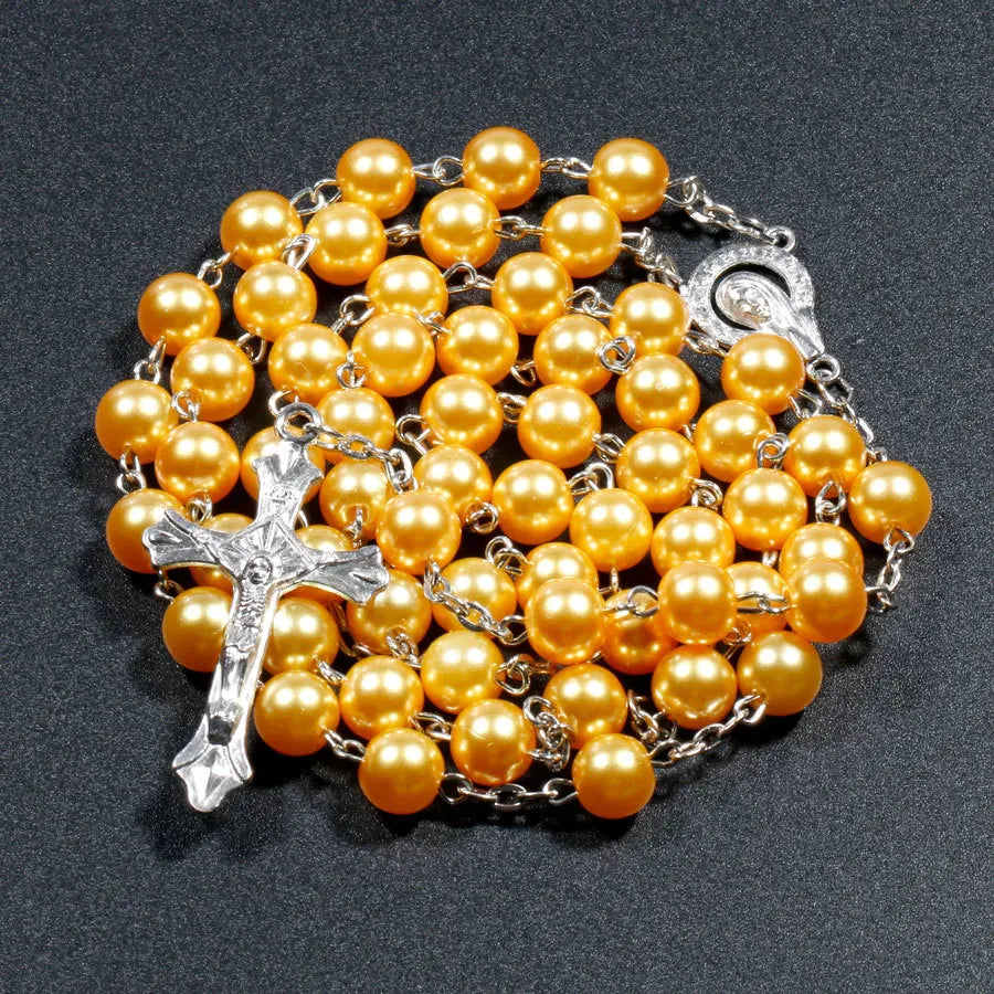 Religion Christian Faux pearl Rosary necklace For Women Virgin Mary Jesus Cross pendant Long beads chains Fashion Jewelry Vera Lux