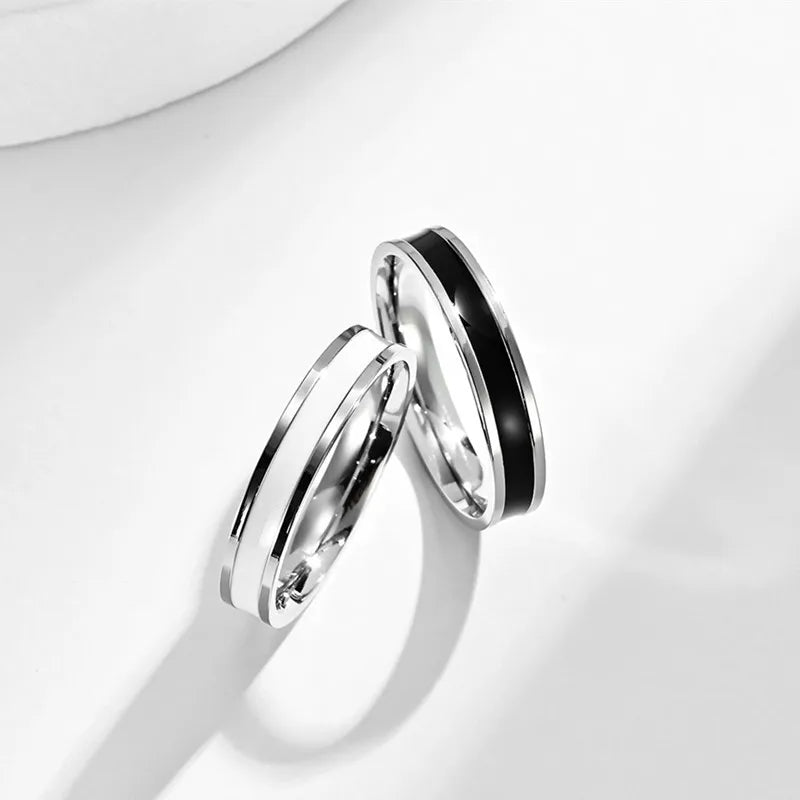 4mm Stainless Steel Black/White Enamel Wedding Band Ring for Women Girl Size 3-10 Vera Lux