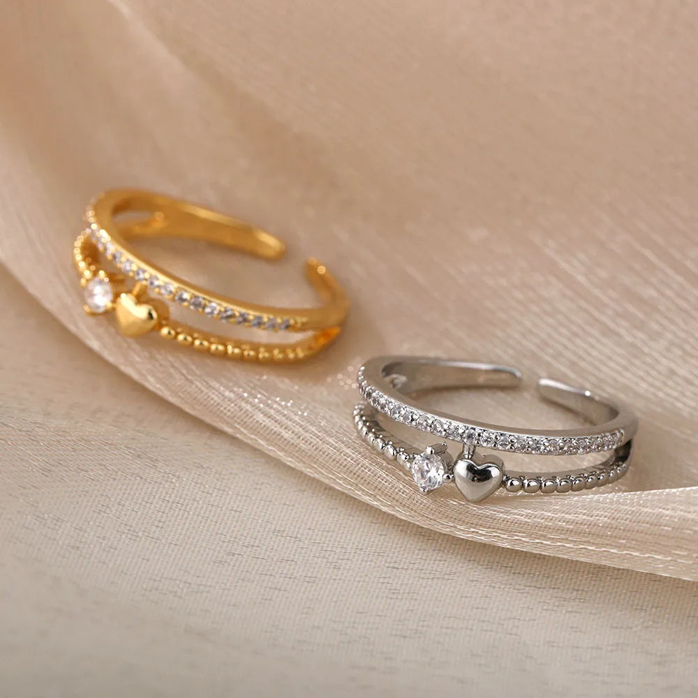 Zircon Heart Rings For Women Stainless Steel Gold Color  Double Heart Ring Wedding Engagement Jewelry Accessories Gift Bijoux Vera Lux