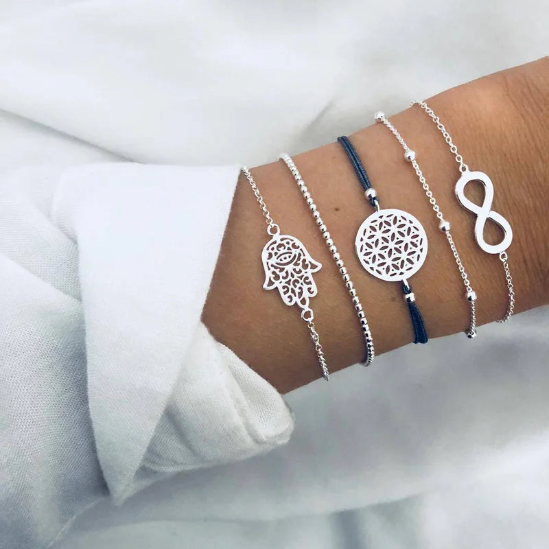 4pcs/Set Bohemian Stone beads chains bracelets Set For Women Metal Heart Round Tassel charm Bangle Fashion Jewelry Vera Lux