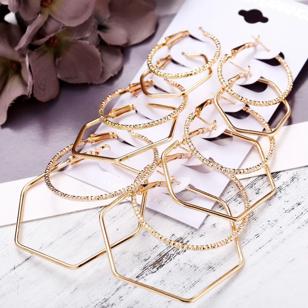 Fashion Hyperbolic Hoop Earrings Set For Women Gold Silver Color Small Big Polygon Circle Earring Female Trendy Jewelry Gift Vera Lux
