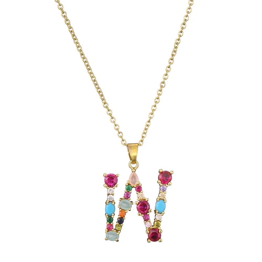 2024 New Hot Colourful Crystal AAA CZ 26 Capital Letters Pendant Necklace For Women Girl Gold Color Copper Initial Name Jewelry Vera Lux