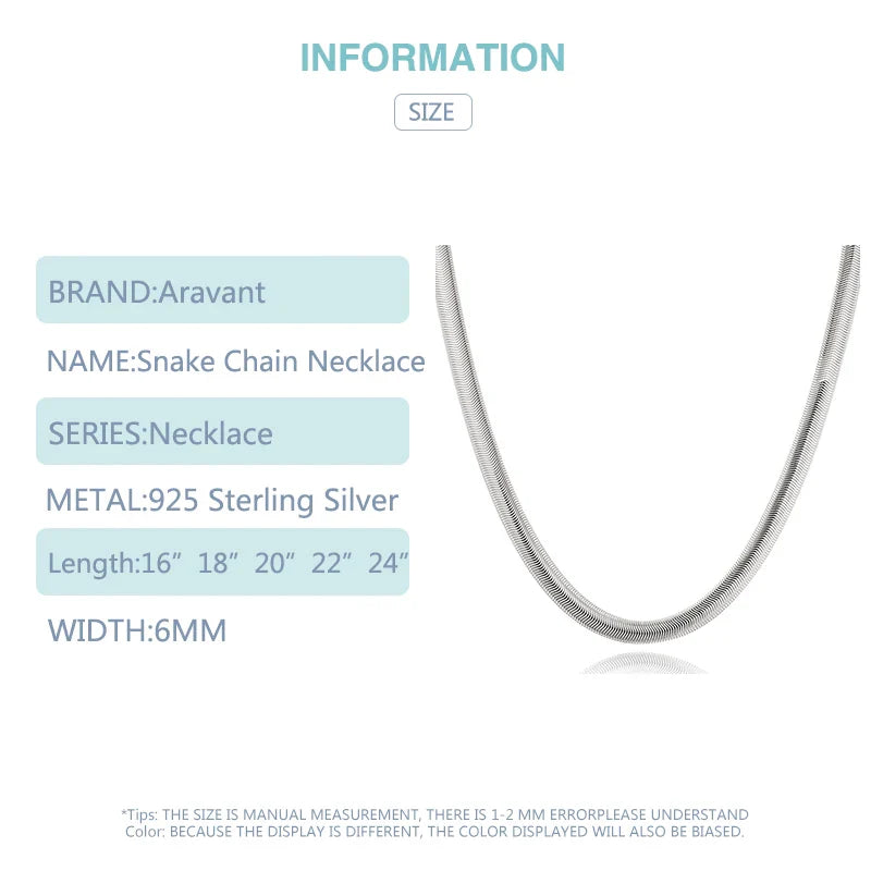 Aravant 925 Sterling Silver 16/18/20/22/24/26 Inch 6MM Flat Snake Chain Necklace For Women Men Fashion Wedding Jewelry Vera Lux
