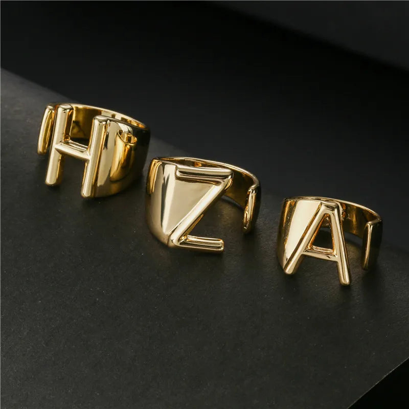 Hollow A-Z Letter Gold Color Metal Adjustable Opening Ring Initials Name Alphabet Female Party Chunky Wide Trendy Jewelry Vera Lux