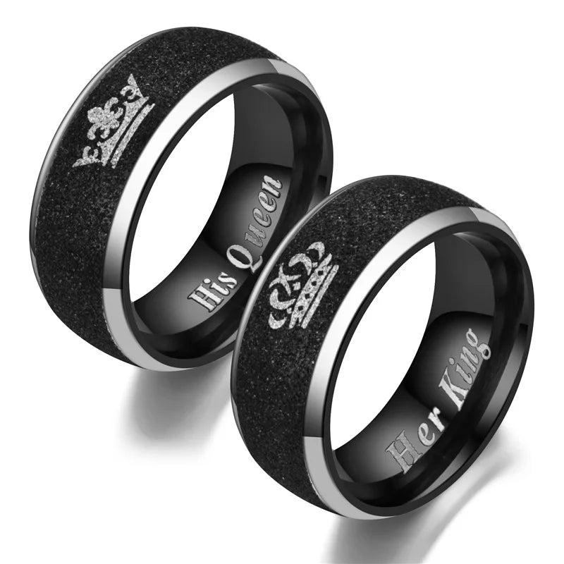 Her King and His Queen Letter Couple Rings For Women Men Crown Black 8MM Stainless Steel Matte Ring Lovers Wedding Jewelry Vera Lux