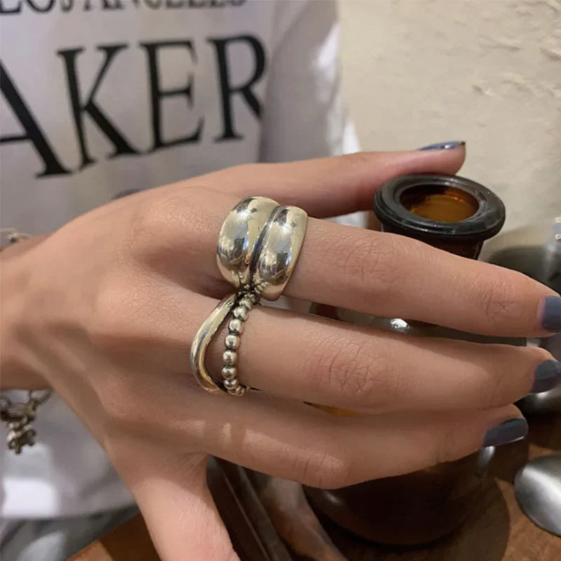 VENTFILLE 925 Silver New Thick Simple Wave Light-shaped Solid Double-layer Rings Trendy Couple Ring Female Gift Vera Lux