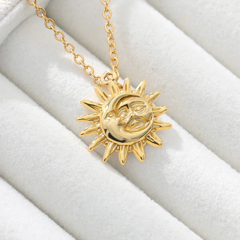 Bohemian Moon and Sun Face Pendant Necklaces Golden Minimalist Layered Coin Necklace For Women Men Jewelry Friendship Gift BFF Vera Lux