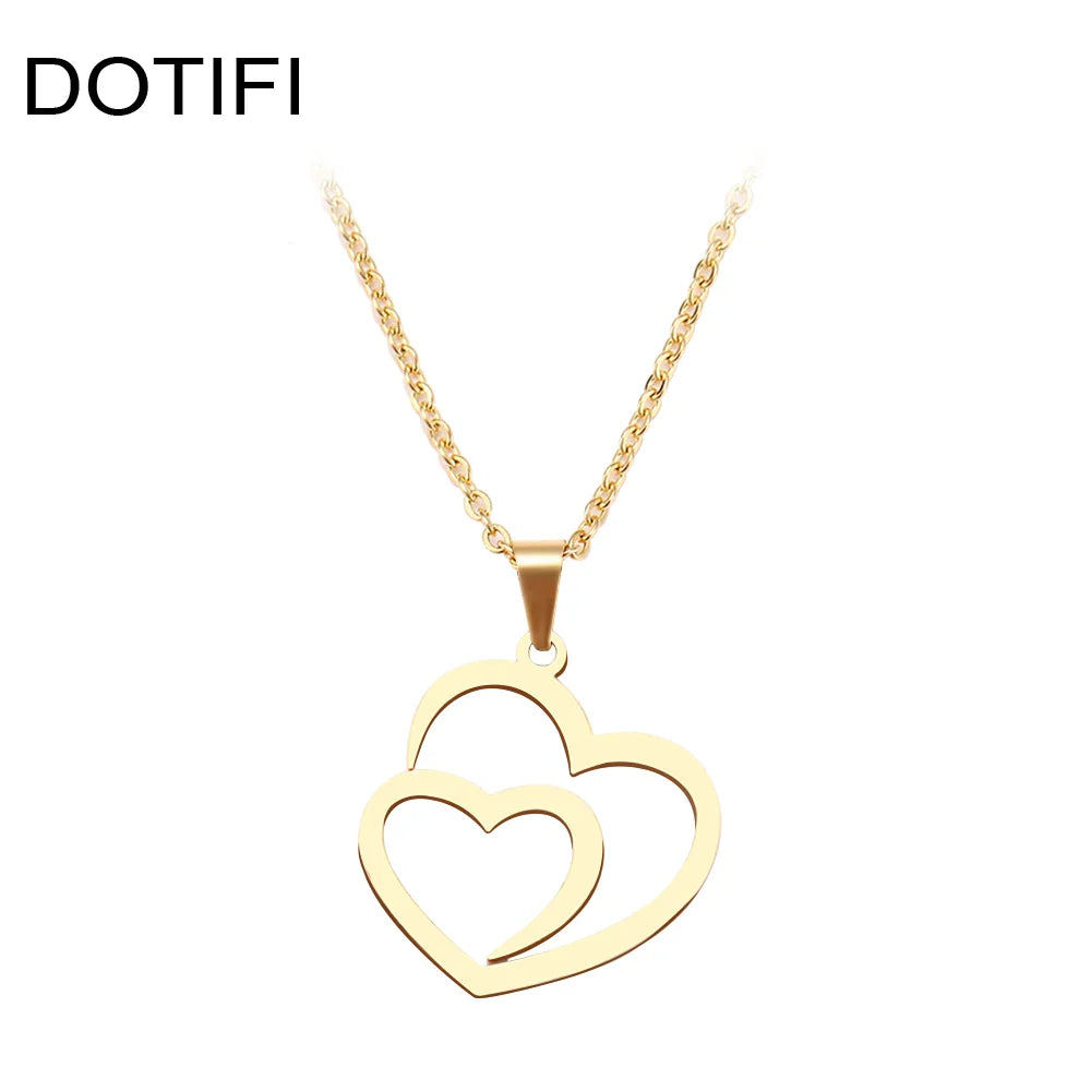 DOTIFI Stainless Steel Necklace For Women Man Hollow Double Heart Choker Pendant Charms Necklace Engagement Jewelry Vera Lux