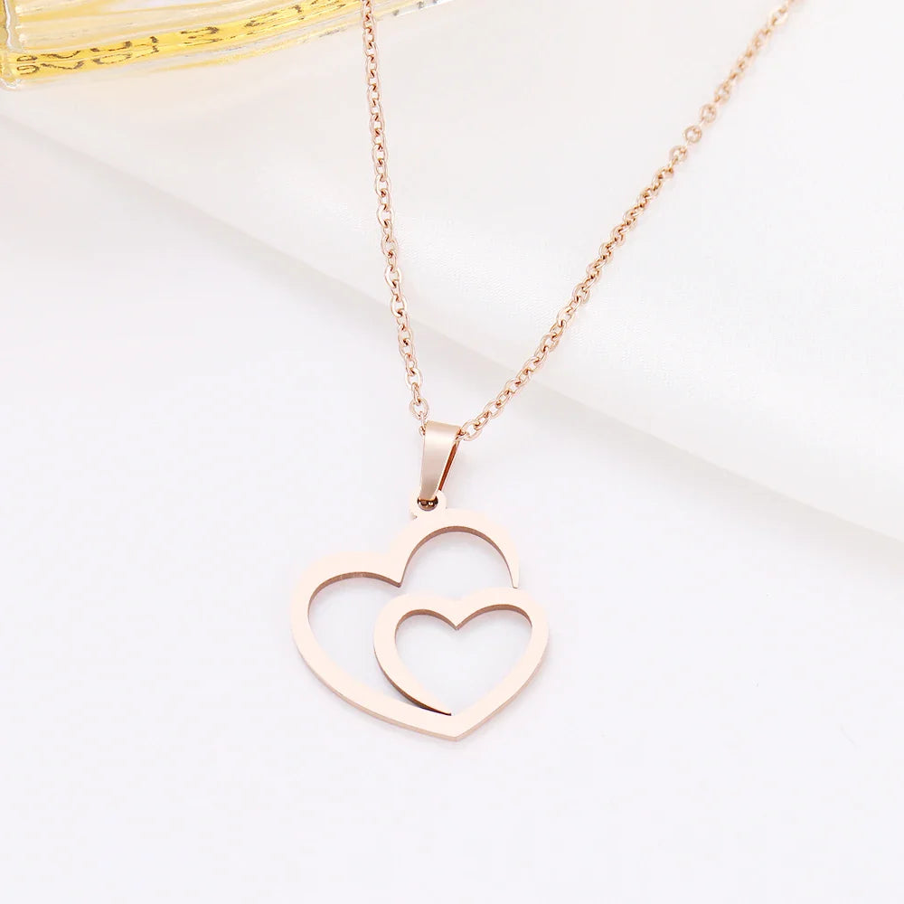 DOTIFI Stainless Steel Necklace For Women Man Hollow Double Heart Choker Pendant Charms Necklace Engagement Jewelry Vera Lux