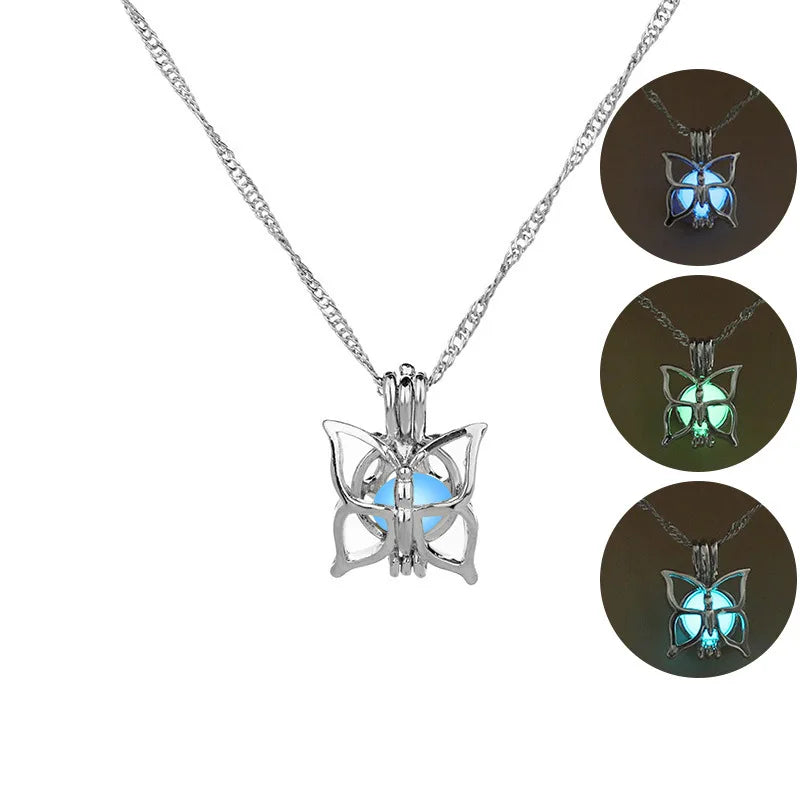 Glow in The Dark Locket necklace For Women Gun skull Heart mermaid Cross tortoise Glowing beads cage pendant Fashion Jewelry Vera Lux