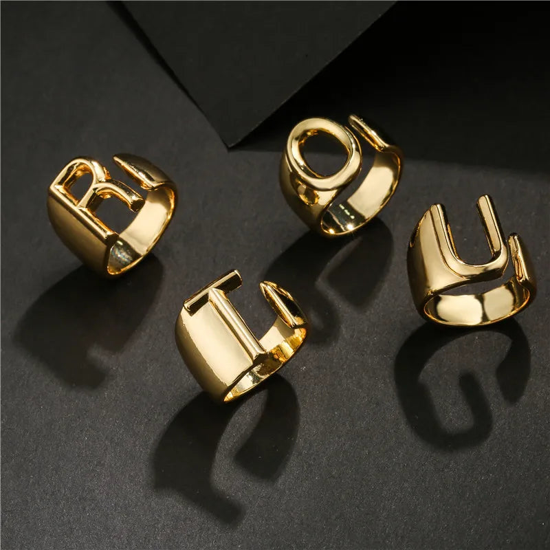 Hollow A-Z Letter Gold Color Metal Adjustable Opening Ring Initials Name Alphabet Female Party Chunky Wide Trendy Jewelry Vera Lux