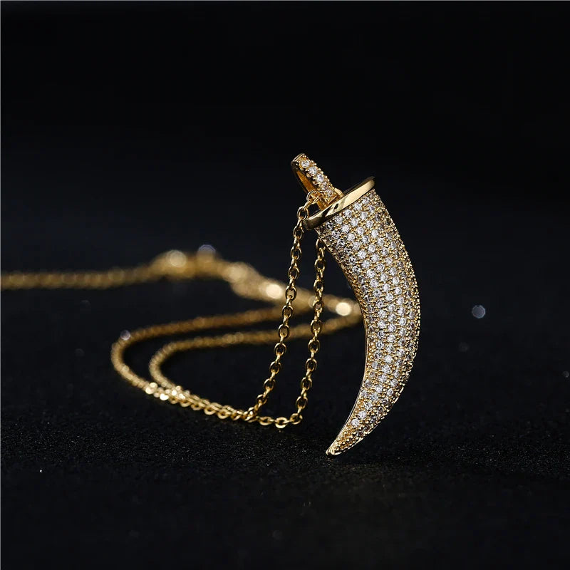 NEWBUY Luxury Full Cubic Zirconia Pave Setting Wolf's fang Pendant Necklace For Women Vintage Bohemian Style Party Jewelry Gift Vera Lux