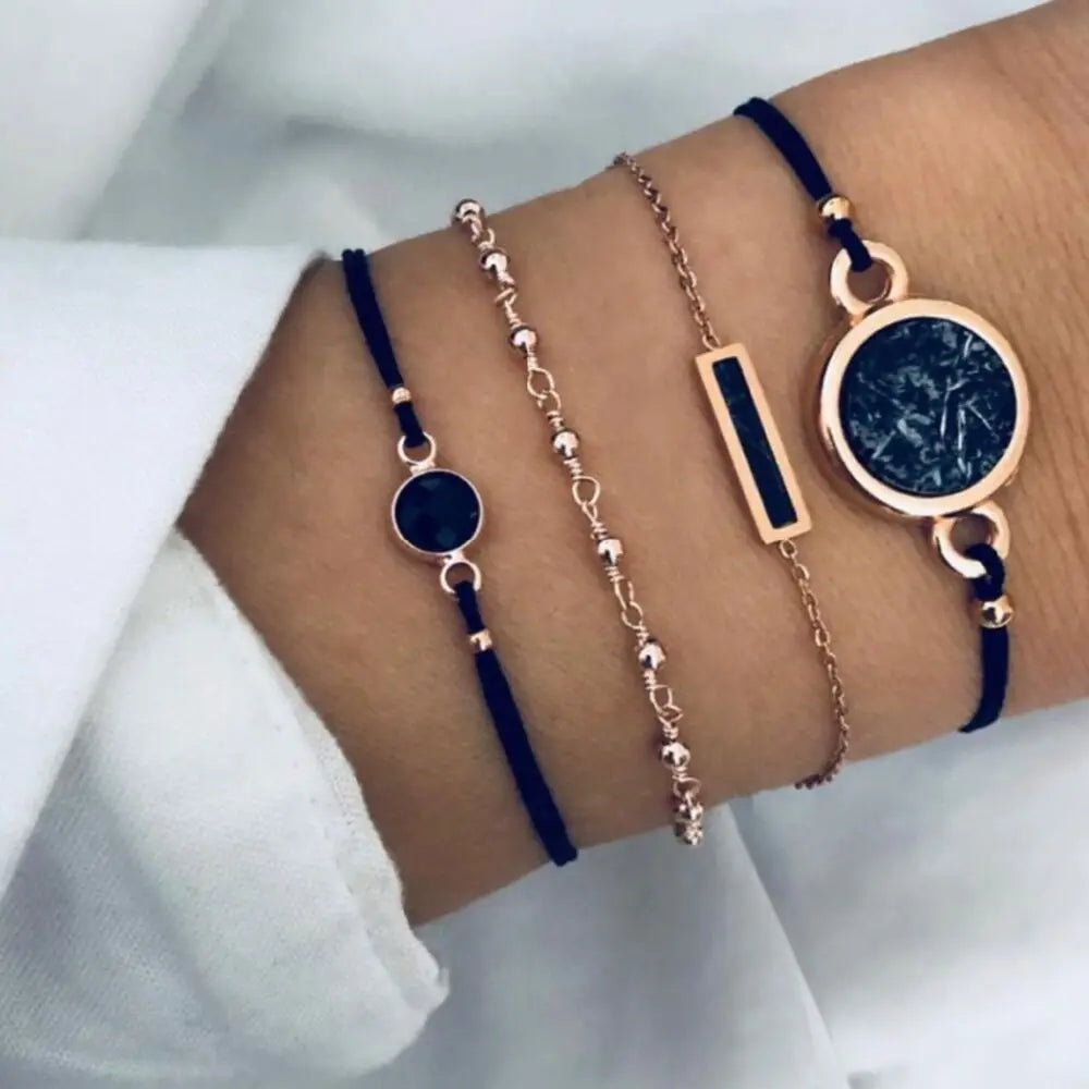 New Bohemian Black Rope Chain Bracelet Set For Women aircraft Shell Moon Heart crystal Charm Bangle Boho Jewelry Vera Lux