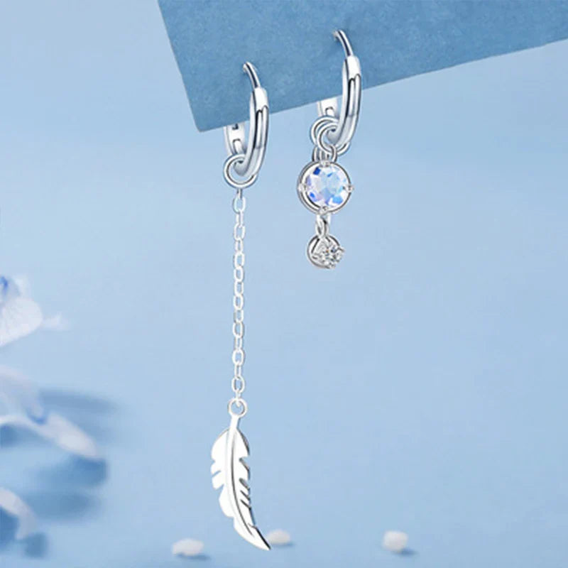 VENTFILLE 925 Sterling Silver Asymmetric Feather Earrings White Moonstone Pendant Earrings Ladies Gifts Handmade Jewelry Vera Lux