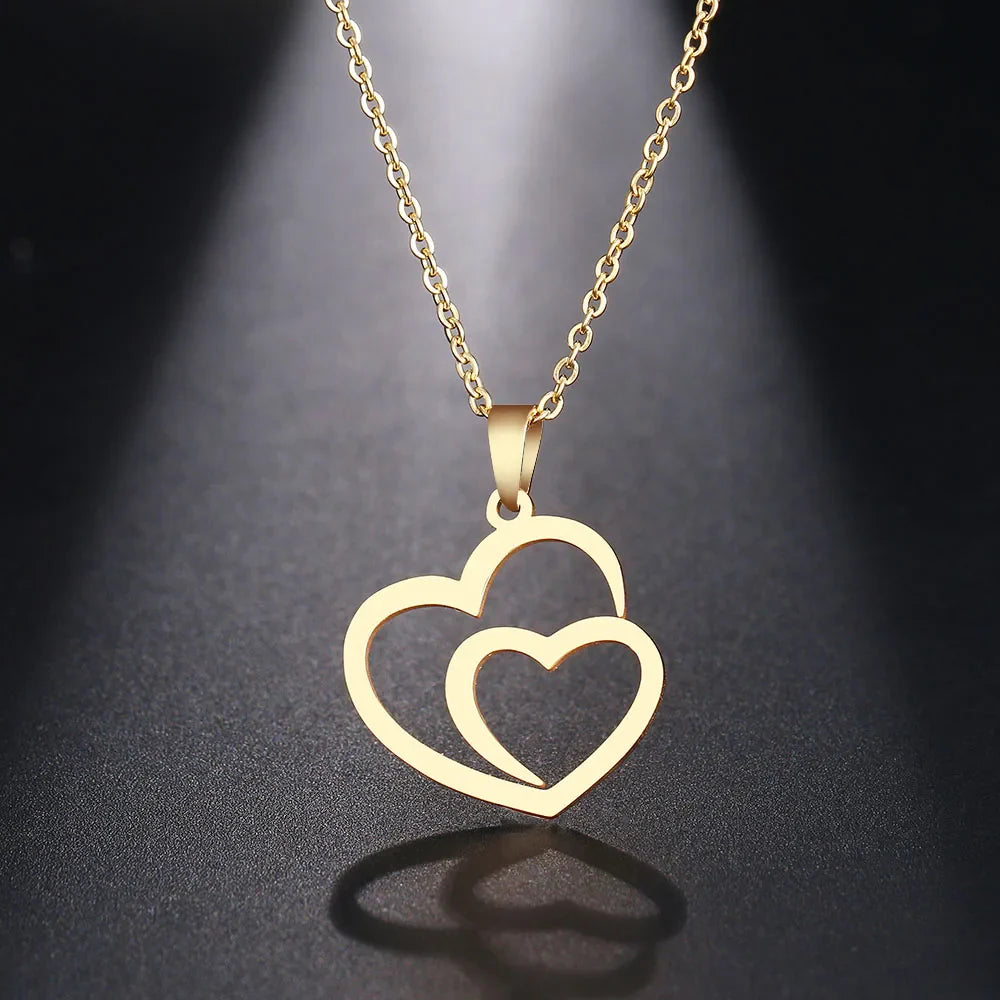 DOTIFI Stainless Steel Necklace For Women Man Hollow Double Heart Choker Pendant Charms Necklace Engagement Jewelry Vera Lux