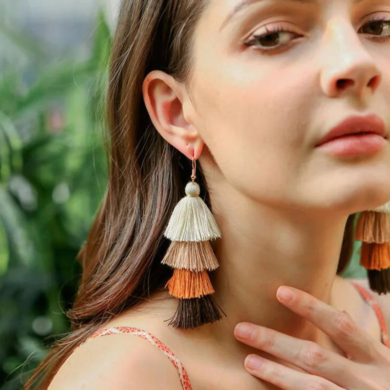 Bohemian 4 Layered Tassel Earrings For Women Ethnic Long Fringe Multi color Statement Dangle Earring GirlsFashion Jewelry Vera Lux