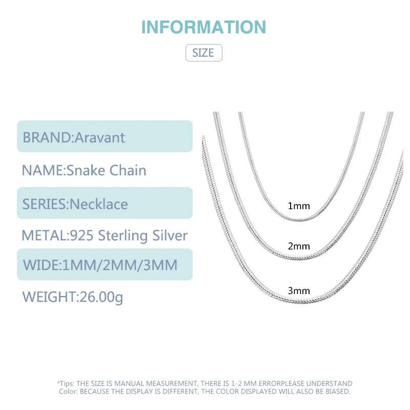 Aravant 925 Silver 1MM/2MM/3MM Snake Chain Necklace For Men Women Pendant Fashion Jewelry Vera Lux