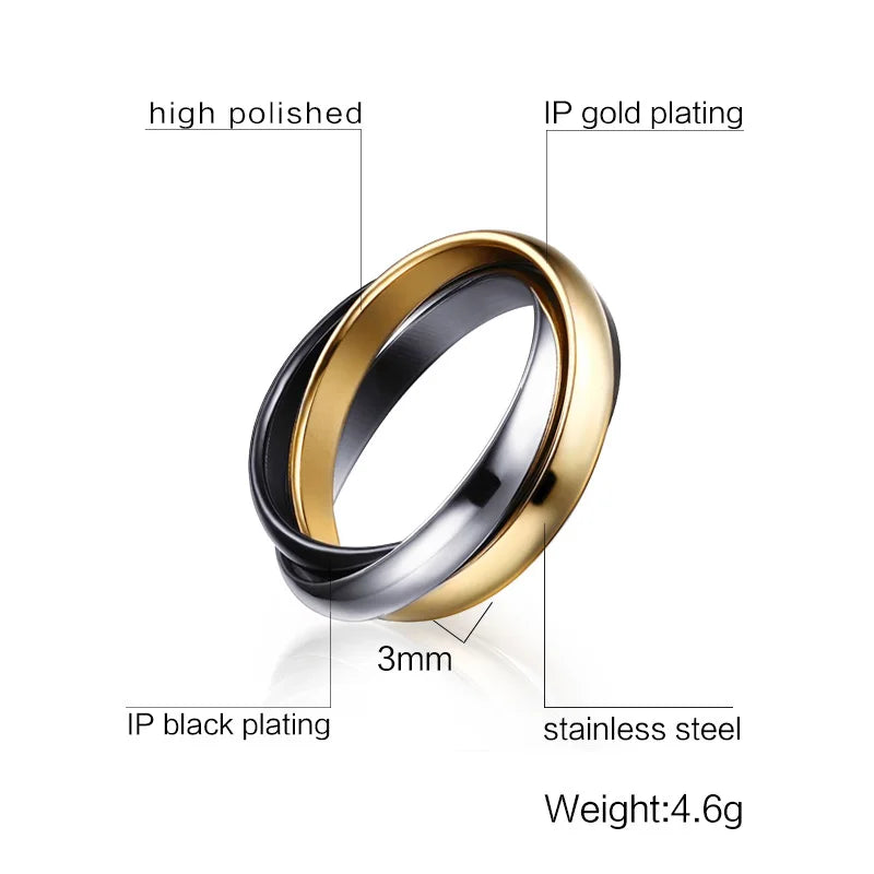 Stainless Steel Interlocked Triple Ring for Women Multi Color Wedding Band Bague Three in One Vera Lux