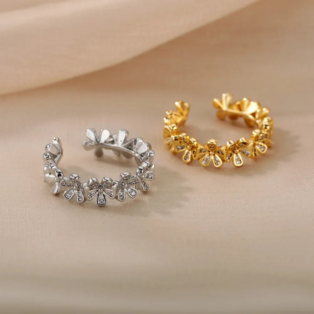 Ladies Flower Open Rings For Women Stainless Steel Cubic Zircon Flower Open Adjustable Ring Jewelry Students Girl Gift Vera Lux