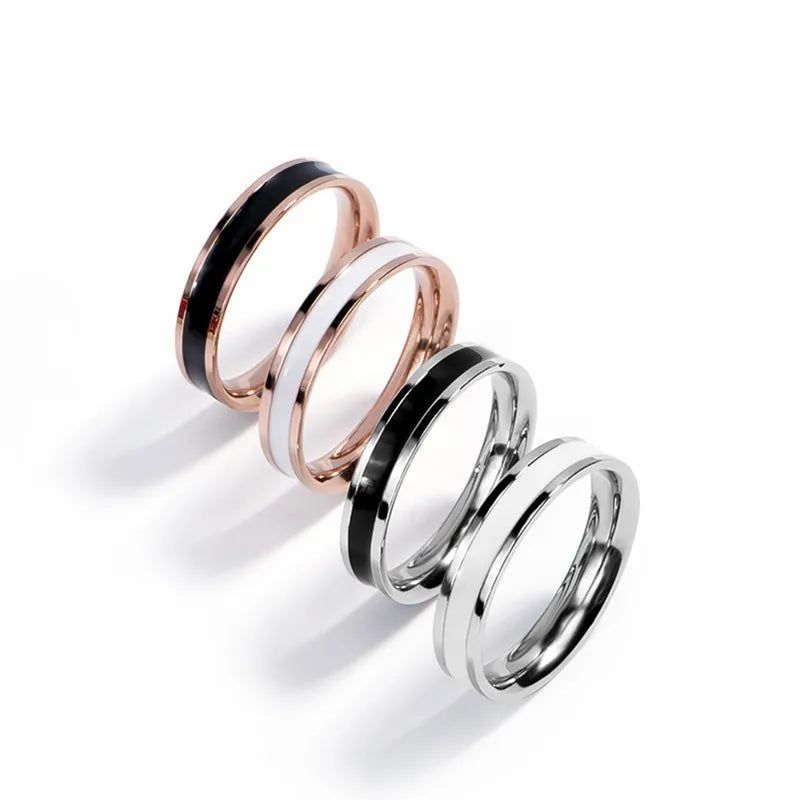 4mm Stainless Steel Black/White Enamel Wedding Band Ring for Women Girl Size 3-10 Vera Lux