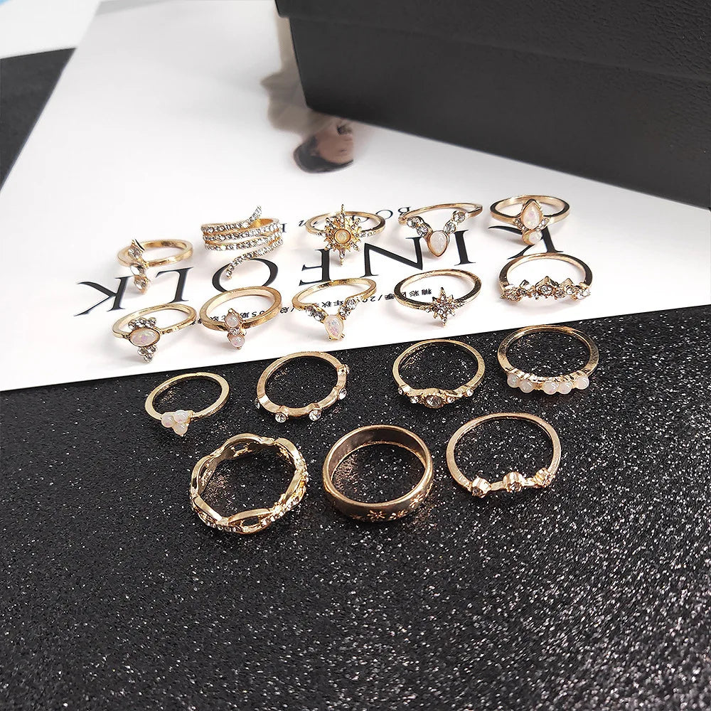 Fashion Geometric Knuckle Rings set For Women Crystal Gold color Finger Ring Boho Ladies wedding Jewelry Gift Vera Lux