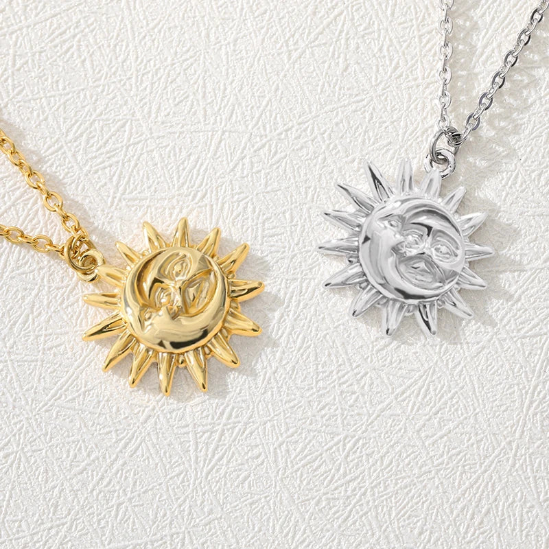 Bohemian Moon and Sun Face Pendant Necklaces Golden Minimalist Layered Coin Necklace For Women Men Jewelry Friendship Gift BFF Vera Lux