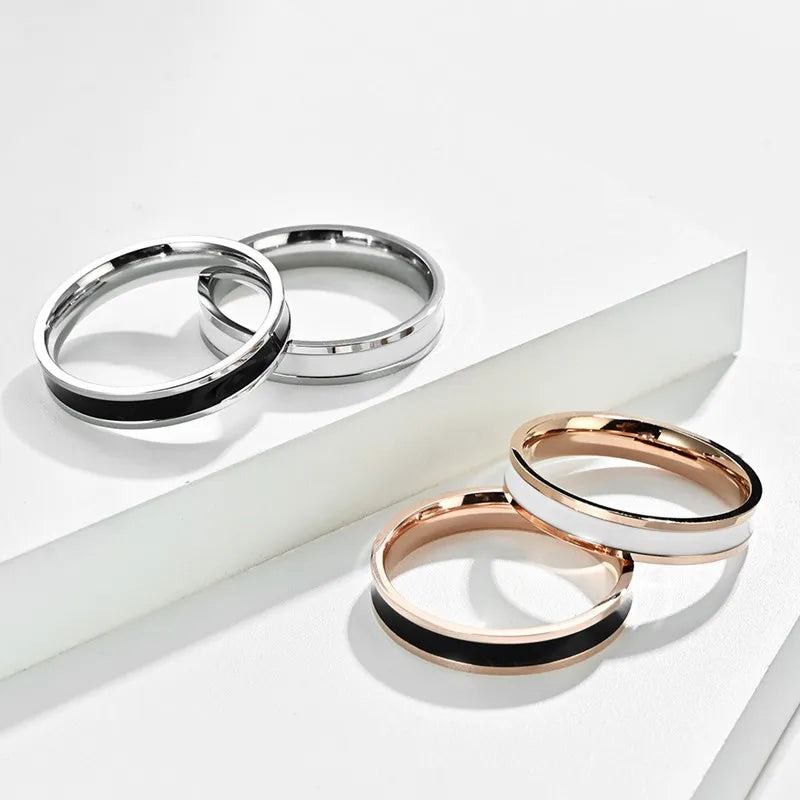 4mm Stainless Steel Black/White Enamel Wedding Band Ring for Women Girl Size 3-10 Vera Lux