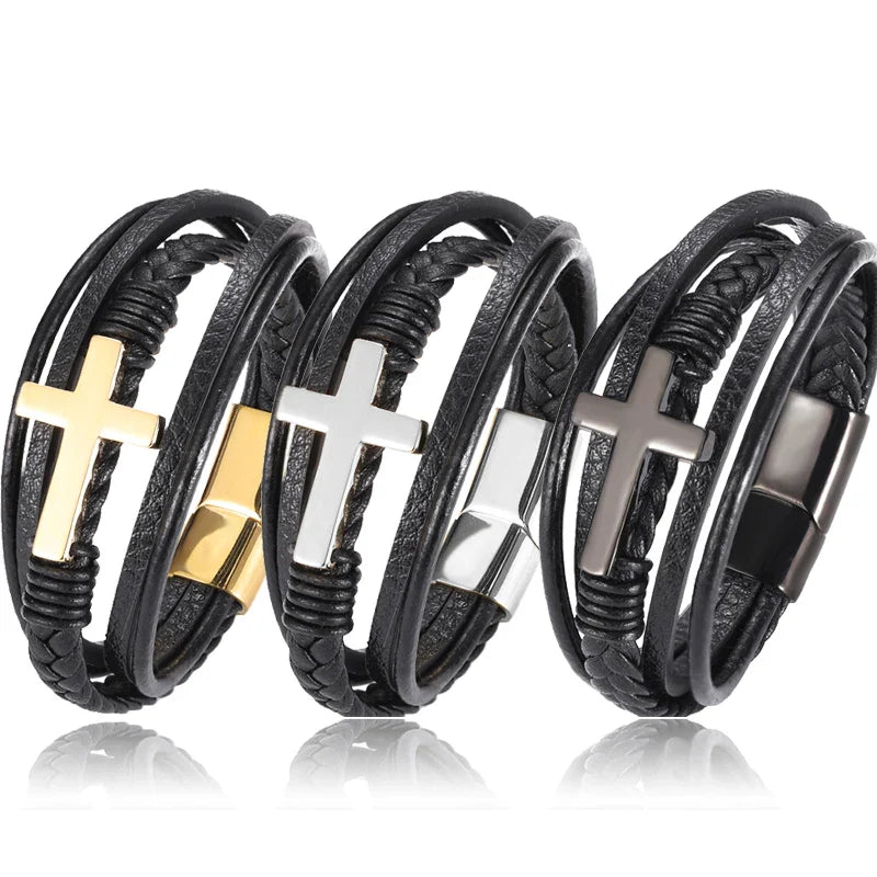 Boho Personalized Men's Family Name Bracelet Black Cross Woven Leather With Stainless Steel Charm Bracelet Custom Name Jewelry Vera Lux