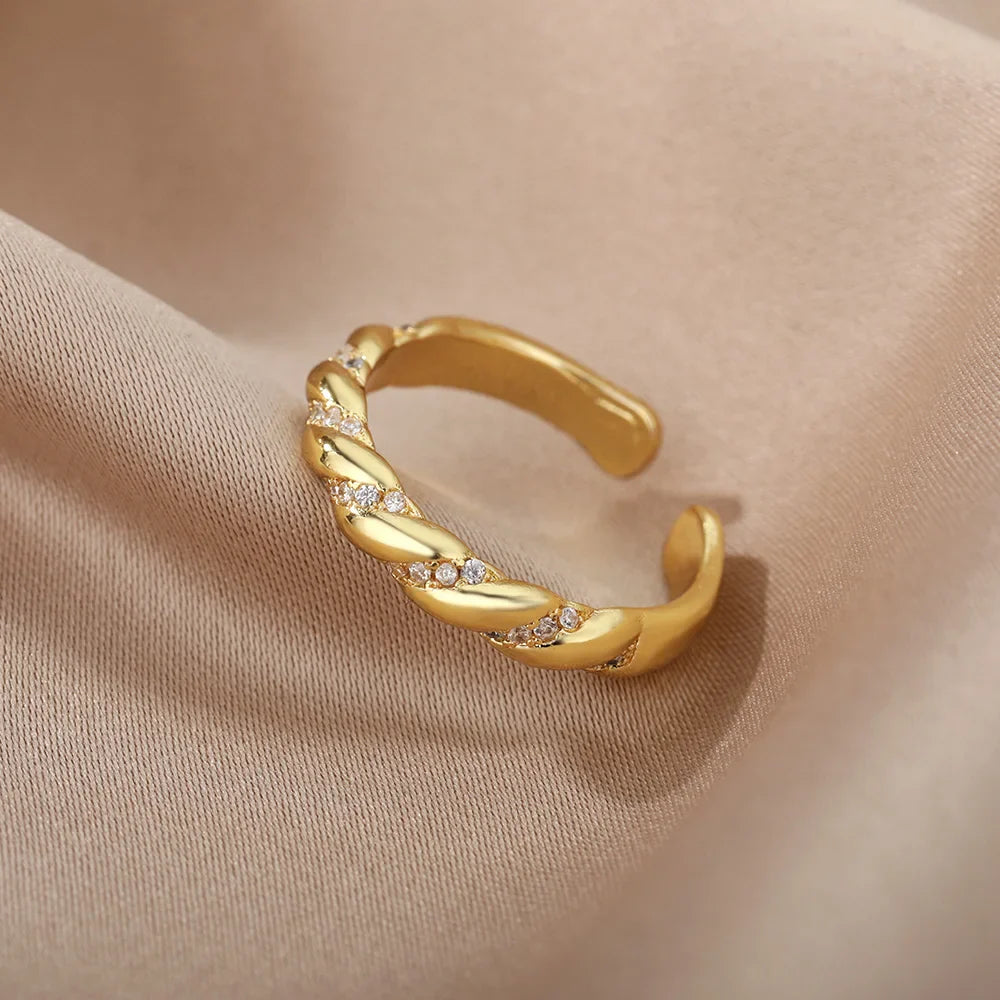 Zircon Twisted Rings For Women Punk Stainless Steel Gold Color Open Ring Geometric Finger Ring Hip Hop Charm Jewelry Gift Vera Lux