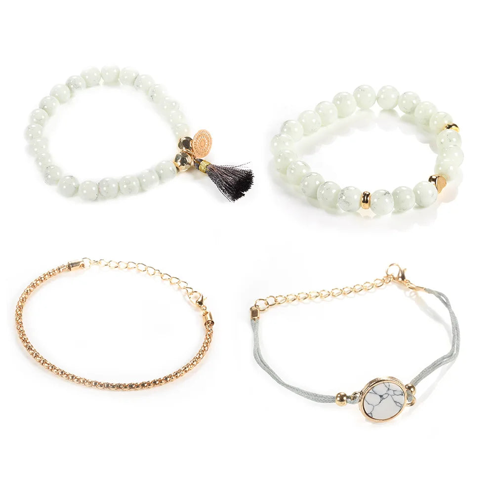 4pcs/Set Bohemian Stone beads chains bracelets Set For Women Metal Heart Round Tassel charm Bangle Fashion Jewelry Vera Lux