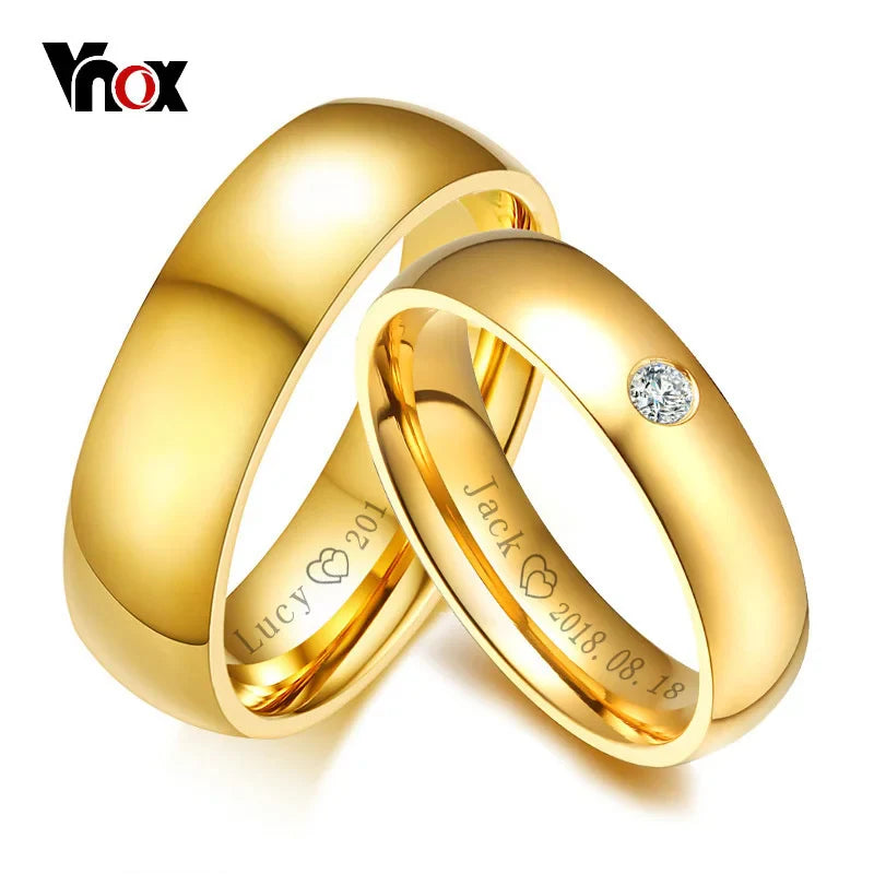 Vnox Classic Wedding Rings for Women Men Gold Color Stainless Steel Couple Band Anniversary Personalized Name Lovers Gift Vera Lux